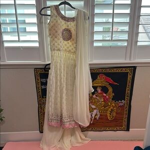 Elegant Cream and Pink Embroidered Dress